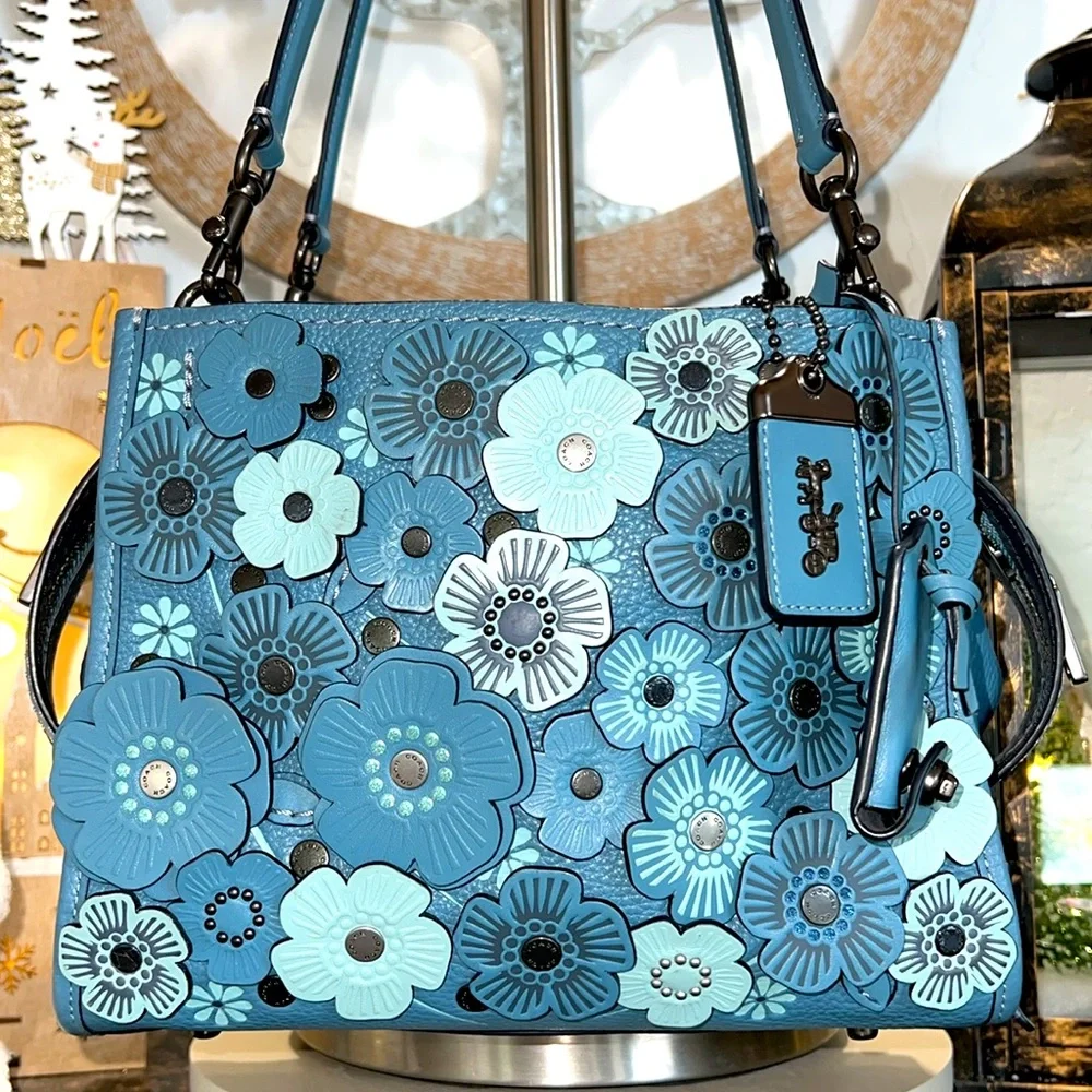 COACH#58840 BLUE TEA ROSE APPLIQUE ROGUE SATCHEL - Picture 5 of 17